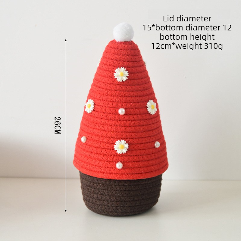 Christmas-themed cotton yarn woven storage basket, Christmas tree-shaped desktop storage box with lid, entryway key and remote control holder - cosmetic storage box - red