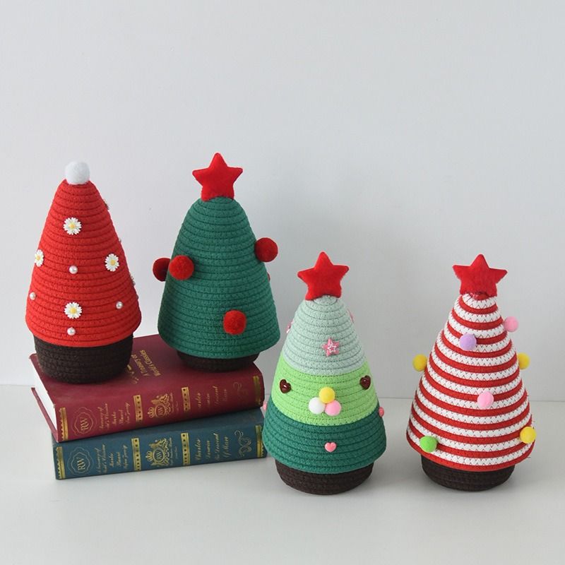Christmas-themed cotton yarn woven storage basket, Christmas tree-shaped desktop storage box with lid, entryway key and remote control organizer - cosmetic storage box - green