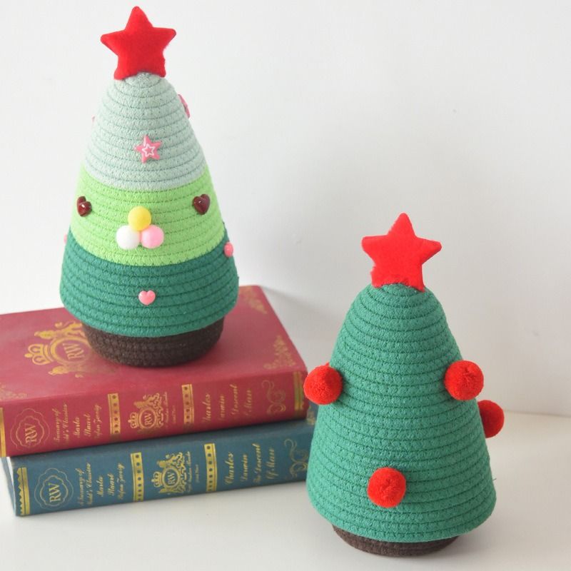 Christmas-themed cotton yarn woven storage basket, Christmas tree-shaped desktop storage box with lid, entryway key and remote control organizer - cosmetic storage box - green