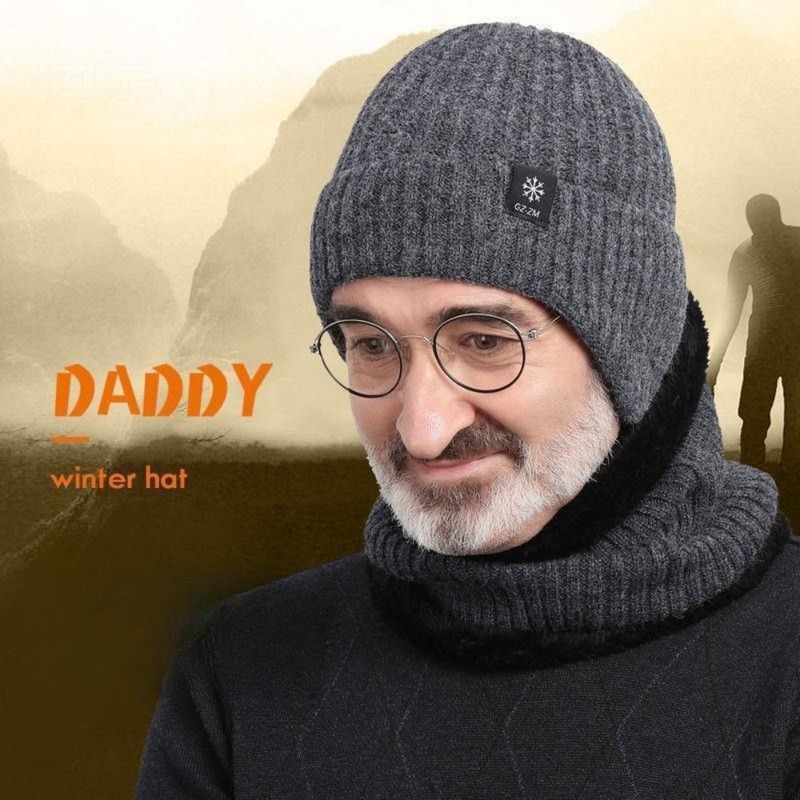 Men's Fleece-Lined Ear Protection Knit Beanie, Warm Thick Winter Hat for Dad or Grandpa—Black