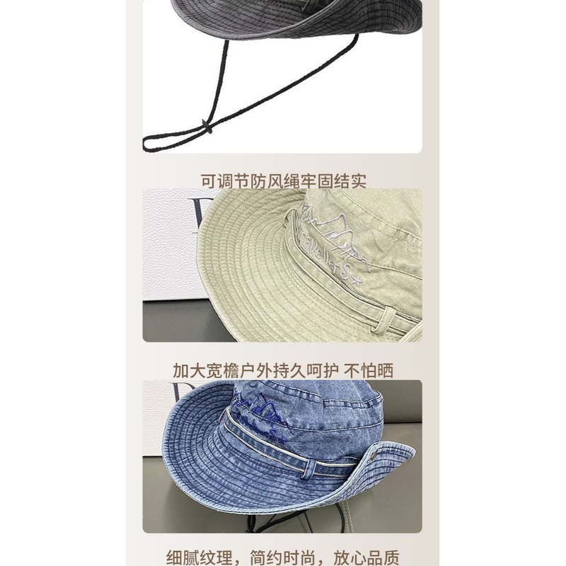 Vintage Washed Embroidered Bucket Hat, Wide-Brim Sun Hat with Drawstring for Hiking and Outdoor Activities - Brown