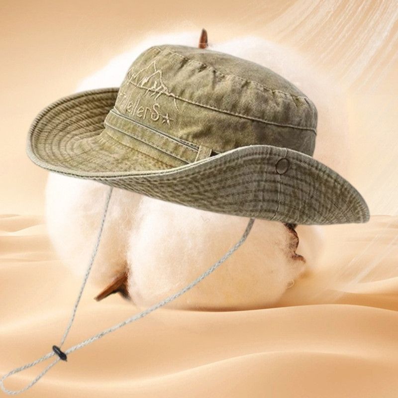Vintage Washed Embroidered Bucket Hat, Wide-Brim Sun Hat with Drawstring for Hiking and Outdoor Activities - Brown