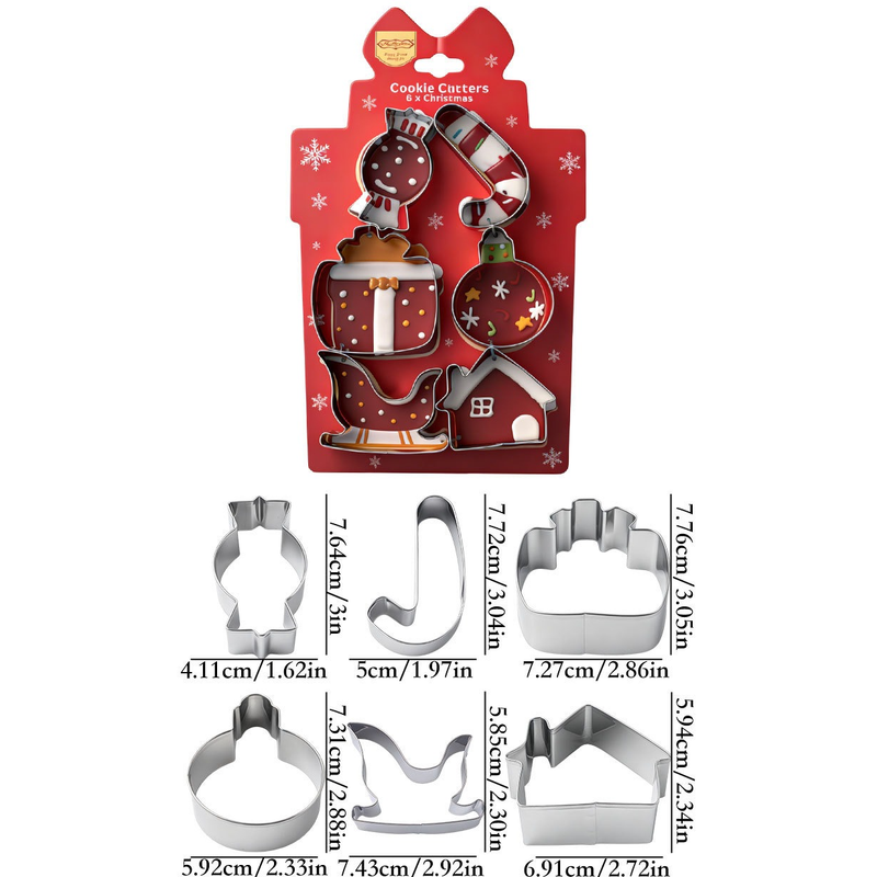 Stainless Steel Christmas Cookie Cutter 6-Piece Set, Holiday DIY Baking Molds for Cookies & Fondant—Gift Box