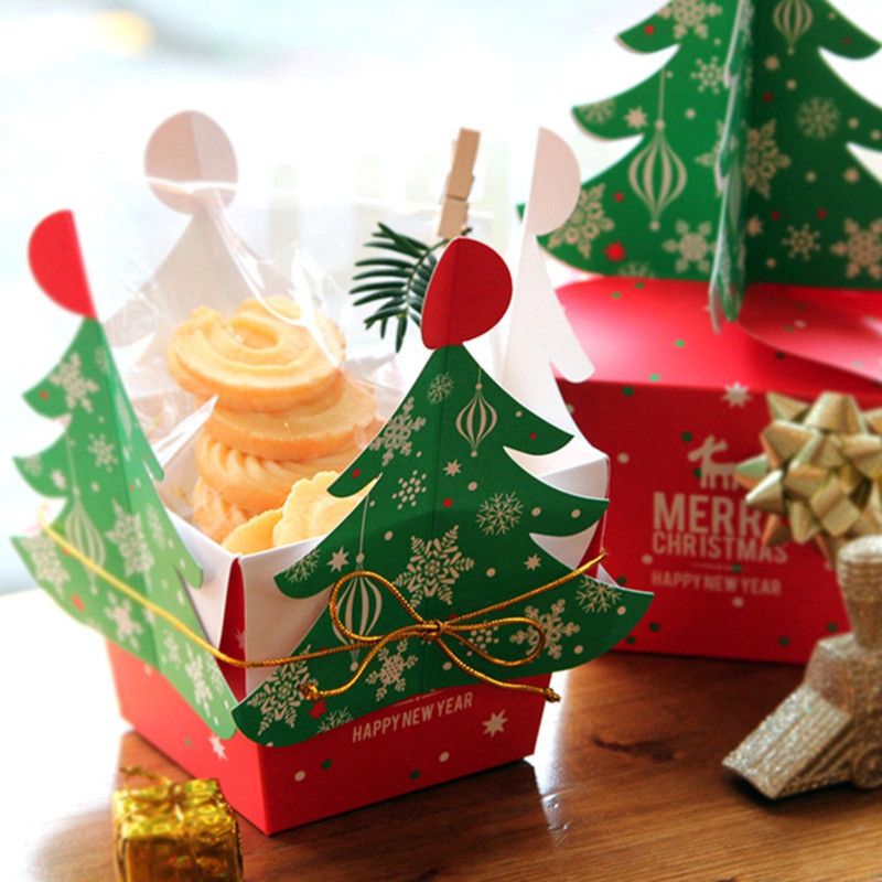 3D Christmas Tree Gift Boxes, Christmas Apple Candy Packaging Box Set Includes 10 Boxes & 10 Bells-L