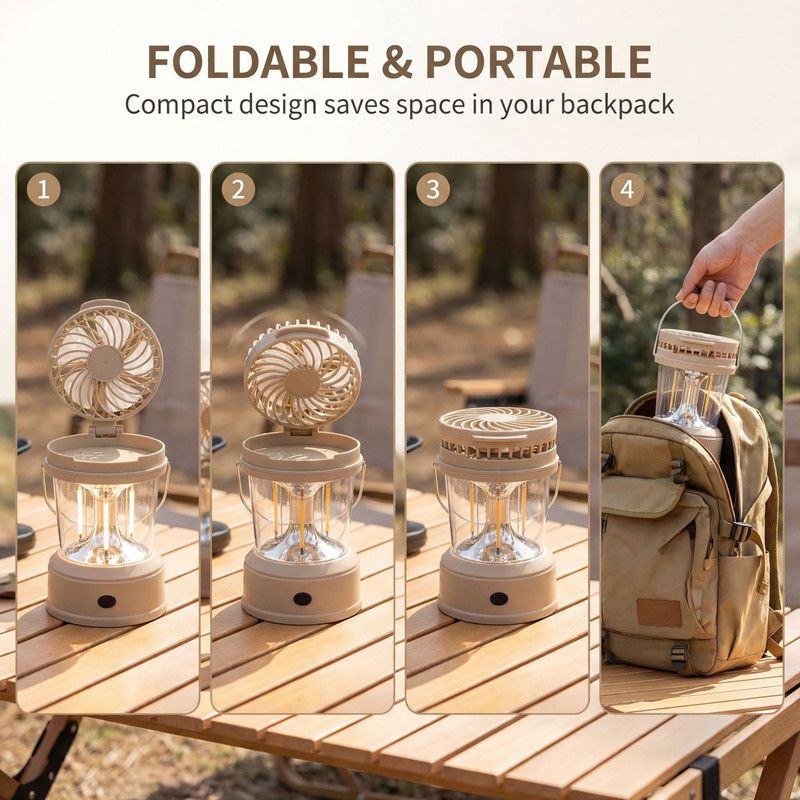 2-in-1 Foldable Camping Fan Lantern, Portable Hanging Tent Light for Outdoor