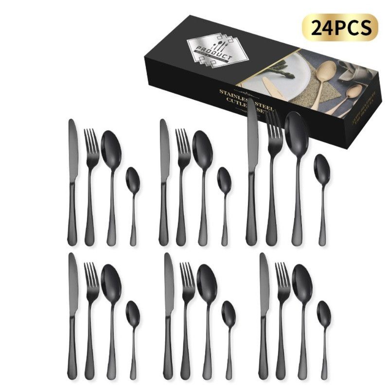 24-Piece Stainless Steel Tableware Set, Mirror-Polished Steak Knife, Fork, and Spoon Cutlery—Black