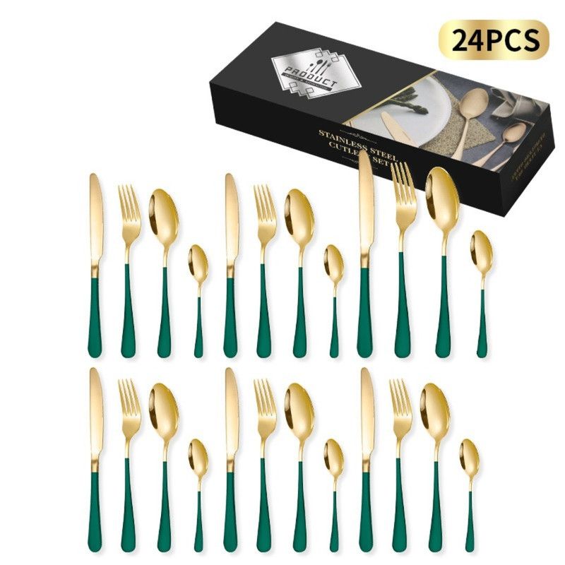 24-Piece Stainless Steel Tableware Set, Mirror-Polished Steak Knife, Fork, and Spoon Cutlery—Green