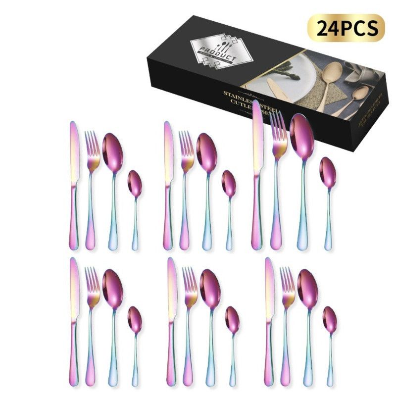 24-Piece Stainless Steel Tableware Set, Mirror-Polished Steak Knife, Fork, and Spoon Cutlery—Multicolor