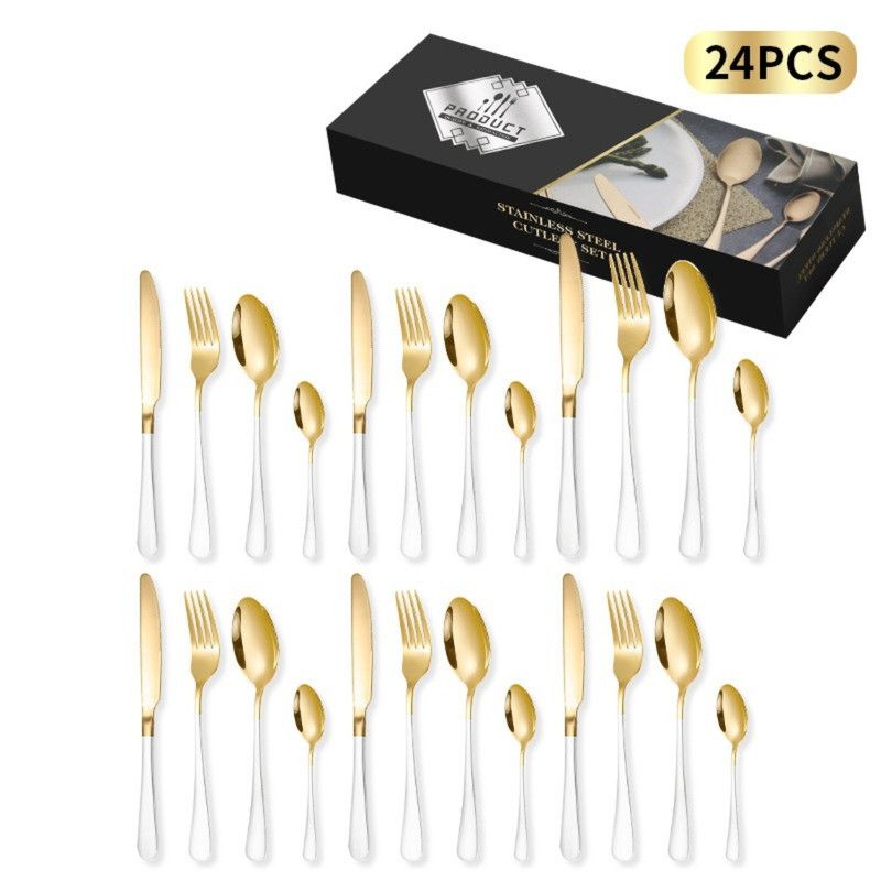 24-Piece Stainless Steel Tableware Set, Mirror-Polished Steak Knife, Fork, and Spoon Cutlery—White