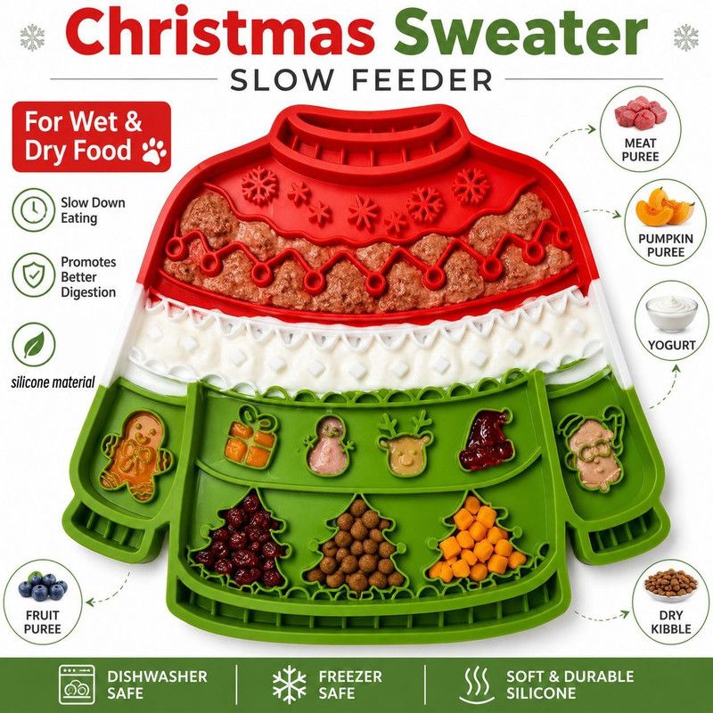 Christmas Sweater Silicone Pet Licking Mat, Anti‑Slip Suction Slow Feeder Mat for Pet