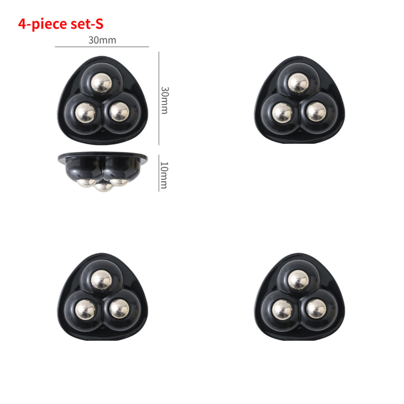 Self-Adhesive 3-Ball Caster Wheels, No-Drill Paste-On Rollers for Storage Boxes, 4-Piece Set-S-Black