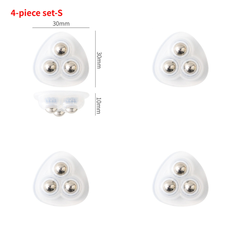Self-Adhesive 3-Ball Caster Wheels, No-Drill Paste-On Rollers for Storage Boxes, 4-Piece Set-S-Clear