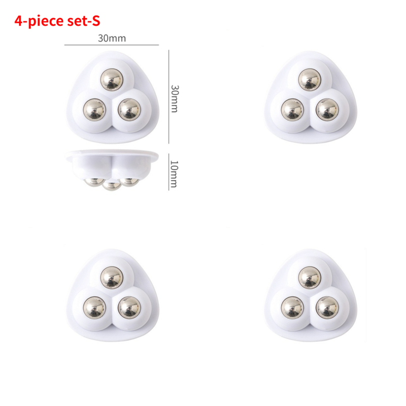 Self-Adhesive 3-Ball Caster Wheels, No-Drill Paste-On Rollers for Storage Boxes, 4-Piece Set-S-White