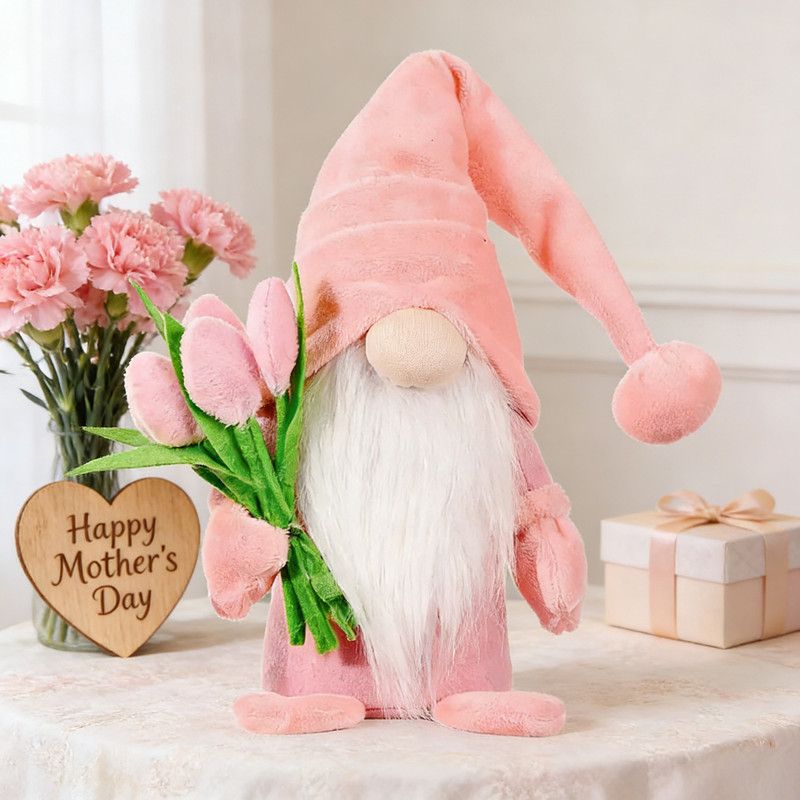 1pc Plush standing gnome doll — faceless old man figurine, festive tabletop ornament and gift.Pink faceless old man gnome holding a bouquet