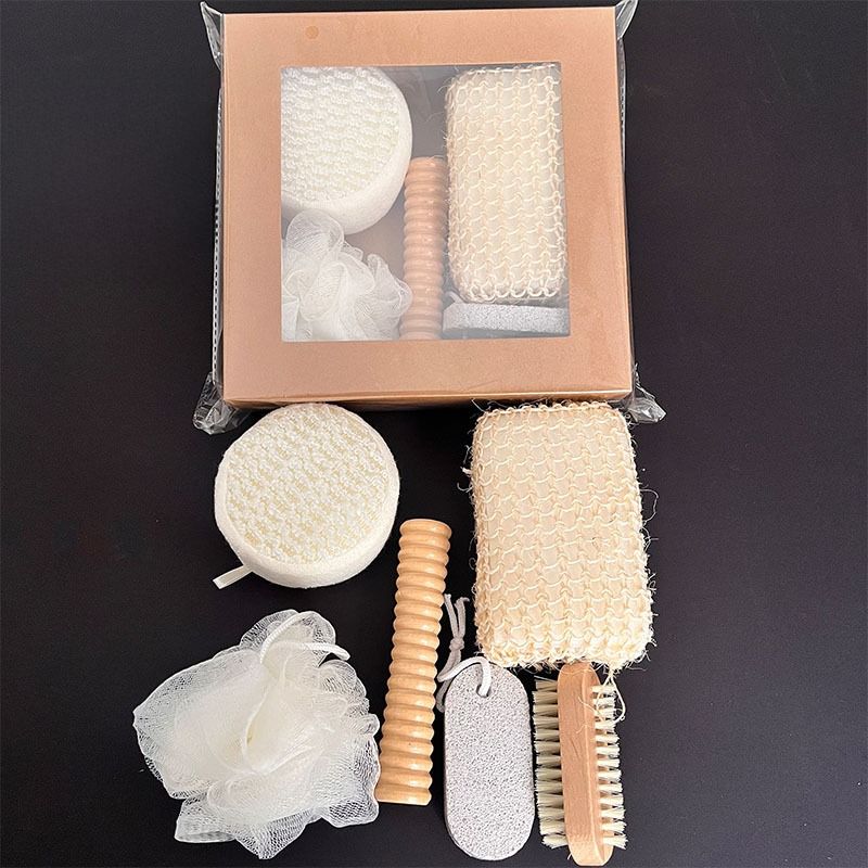 6 Piece Natural Body Bath Set Exfoliating Shower Kit with Loofah Brush Bath Sponge