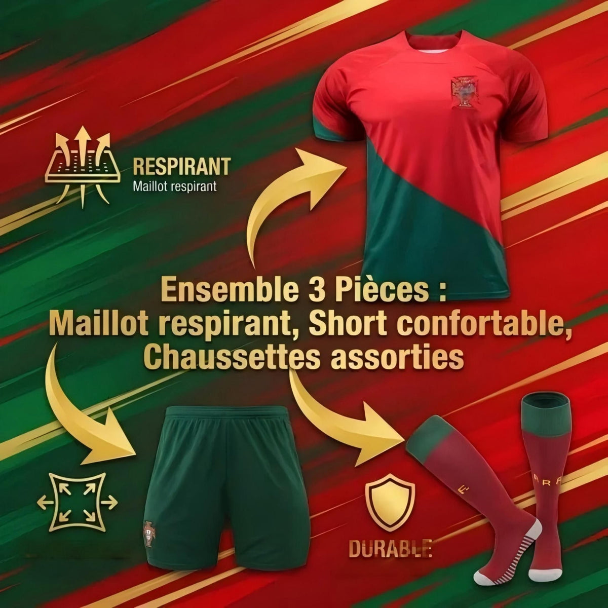 Kids Unisex Soccer Uniform 3‑Piece Set, Short Sleeve Football Jersey Shorts Socks for 110‑120 Centimeters Height Children