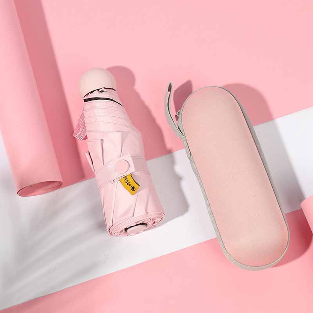 6 Ribs Folding Umbrella Five Fold UV Proof Sunscreen Capsule Umbrella for Sunny Rainy Days Pink with Storage Box
