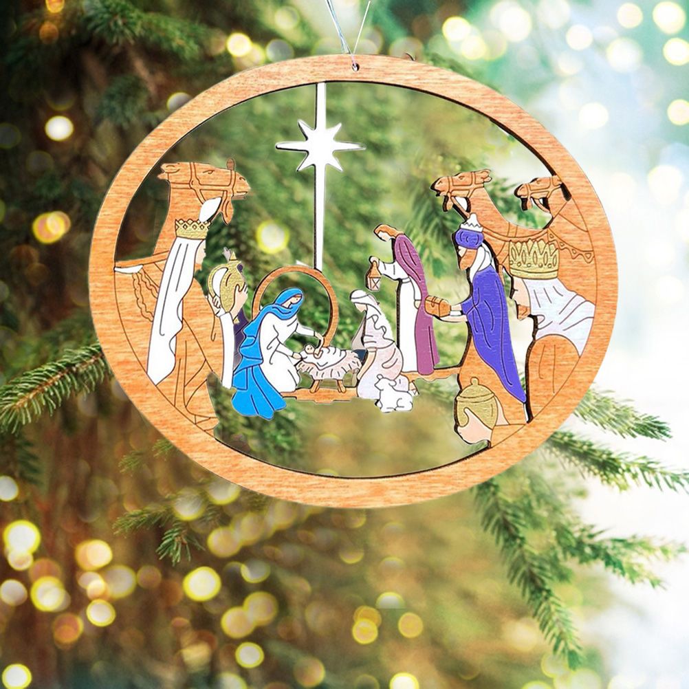 Color Hollowed Nativity Scene Pendant Christmas Tree Wooden Hanging Ornament Christmas Decoration for Hanging on Doors and Windows