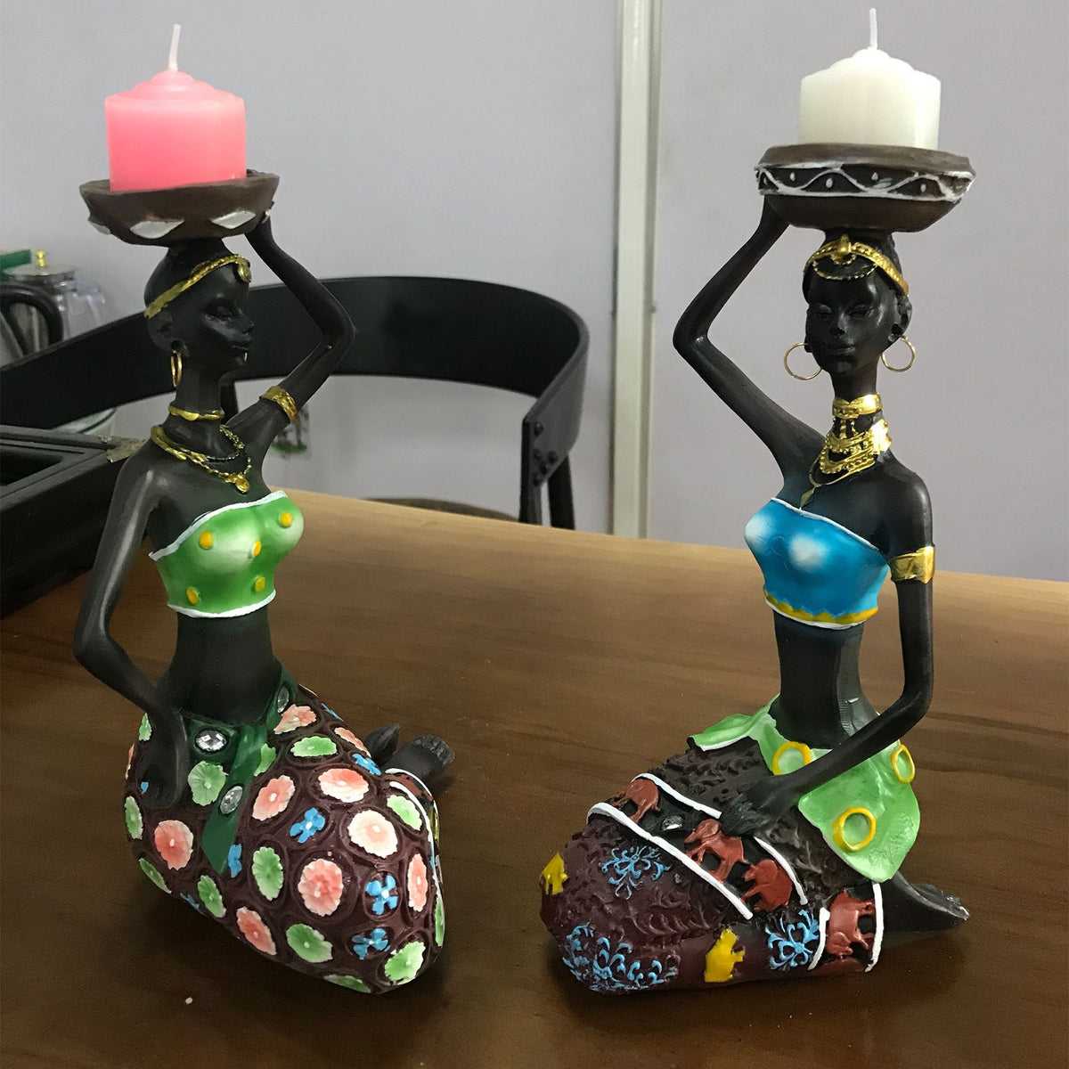 2PCS Vintage African Women Statue Candle Holders Resin Figurines Fits Up to 3.5cm Diameter Candles