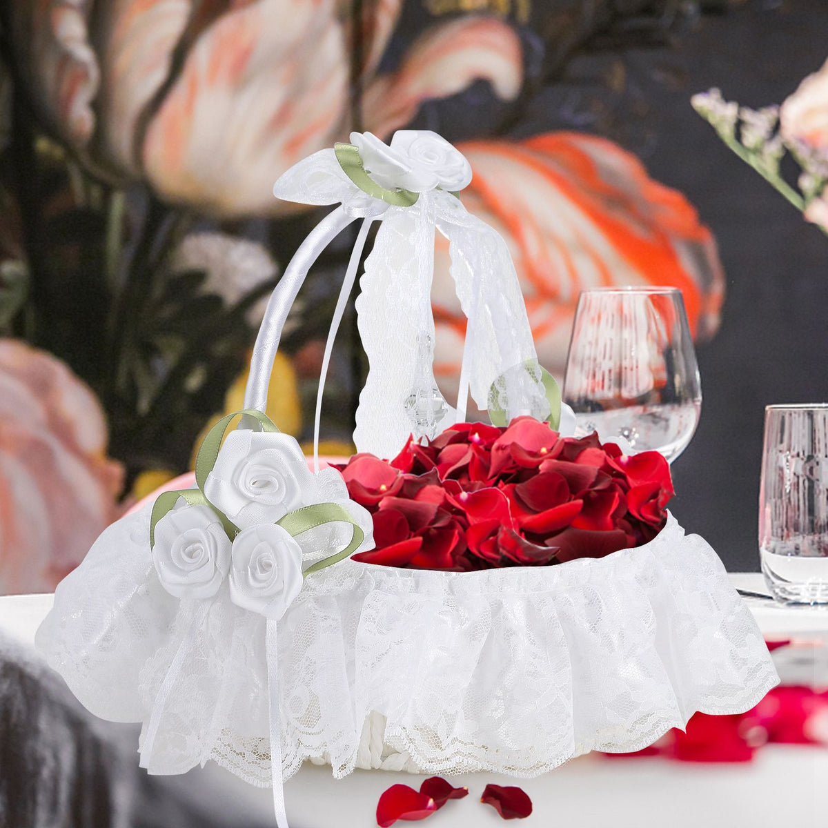 Wedding White Flower Basket Silk Ribbon Decor Elegant Romantic Flower Basket for Wedding Photography