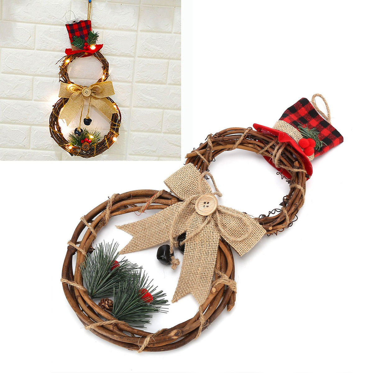 LED Christmas Snowman Wreath Christmas Door Decoration with Light for Home Decorations