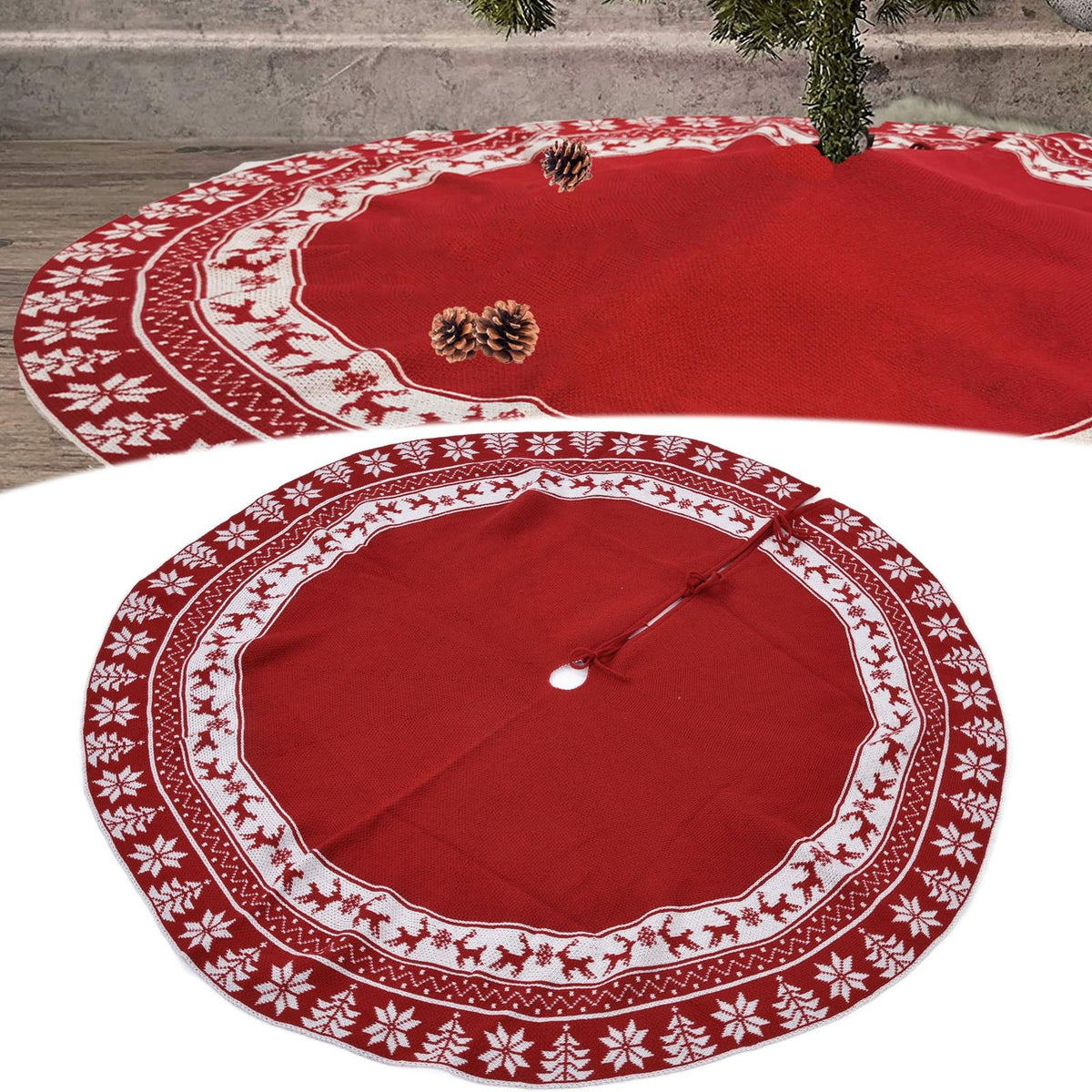 Knitted Christmas Tree Skirt Reusable Xmas Tree Stand Mat Floor Protector Home Party DecorationRed