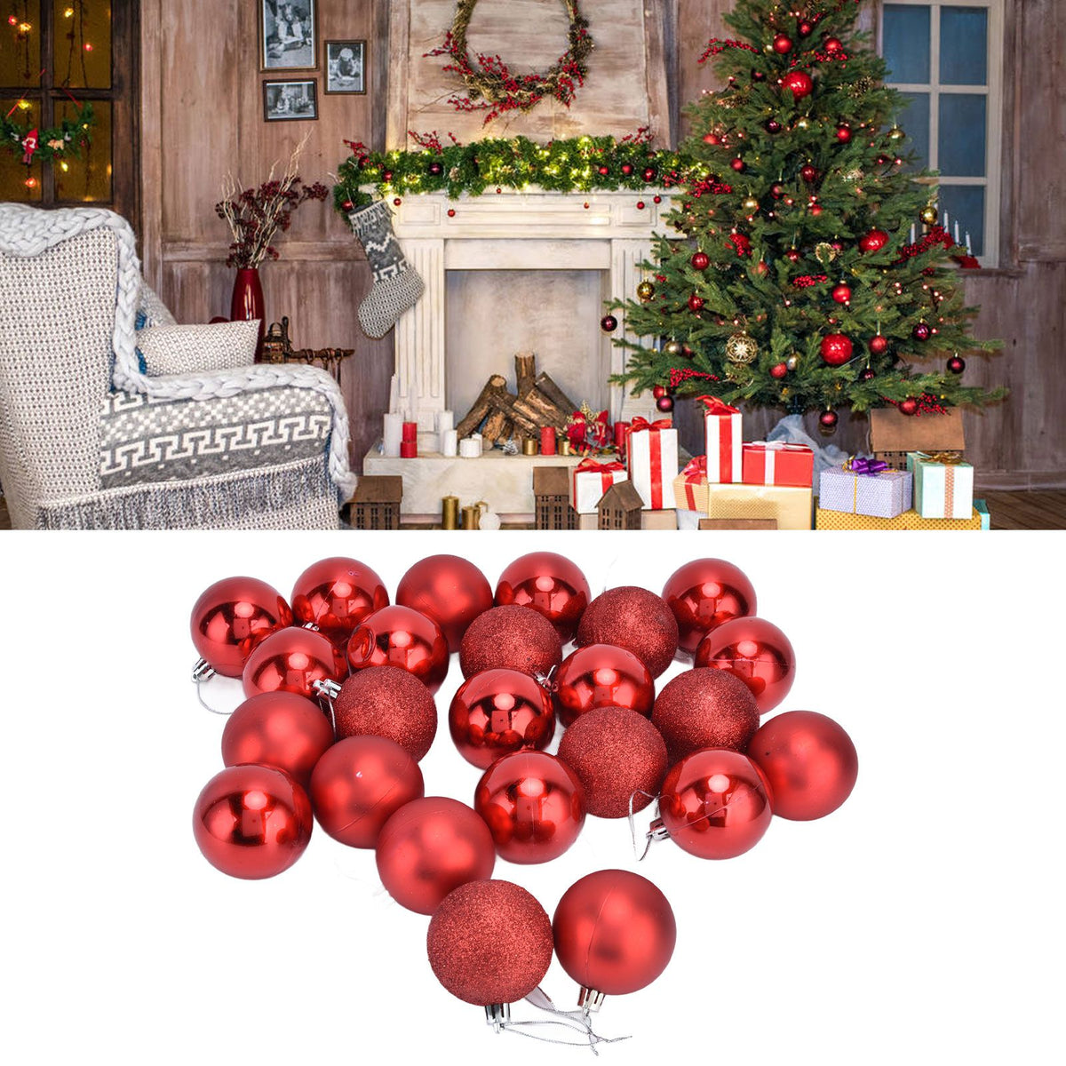 24Pcs Christmas Tree Ball 6cm Glittering Decoration Ornament for Home Party OfficeRed