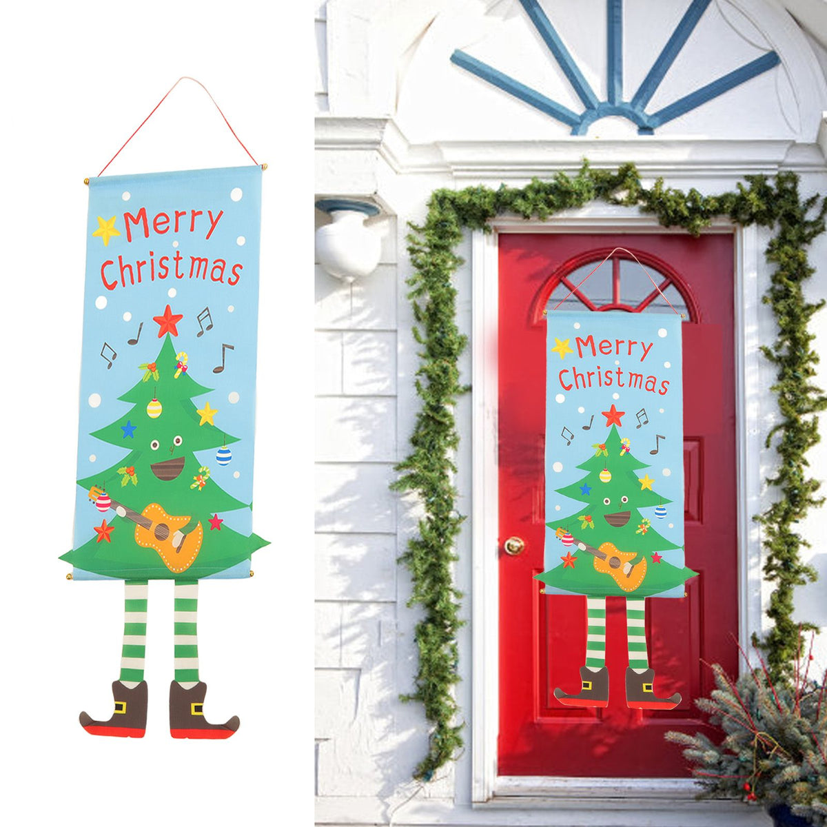 Christmas Flags Ornament Christmas Tree Designed Bamboo and Cloth Christmas Hanging Sign for Door Home