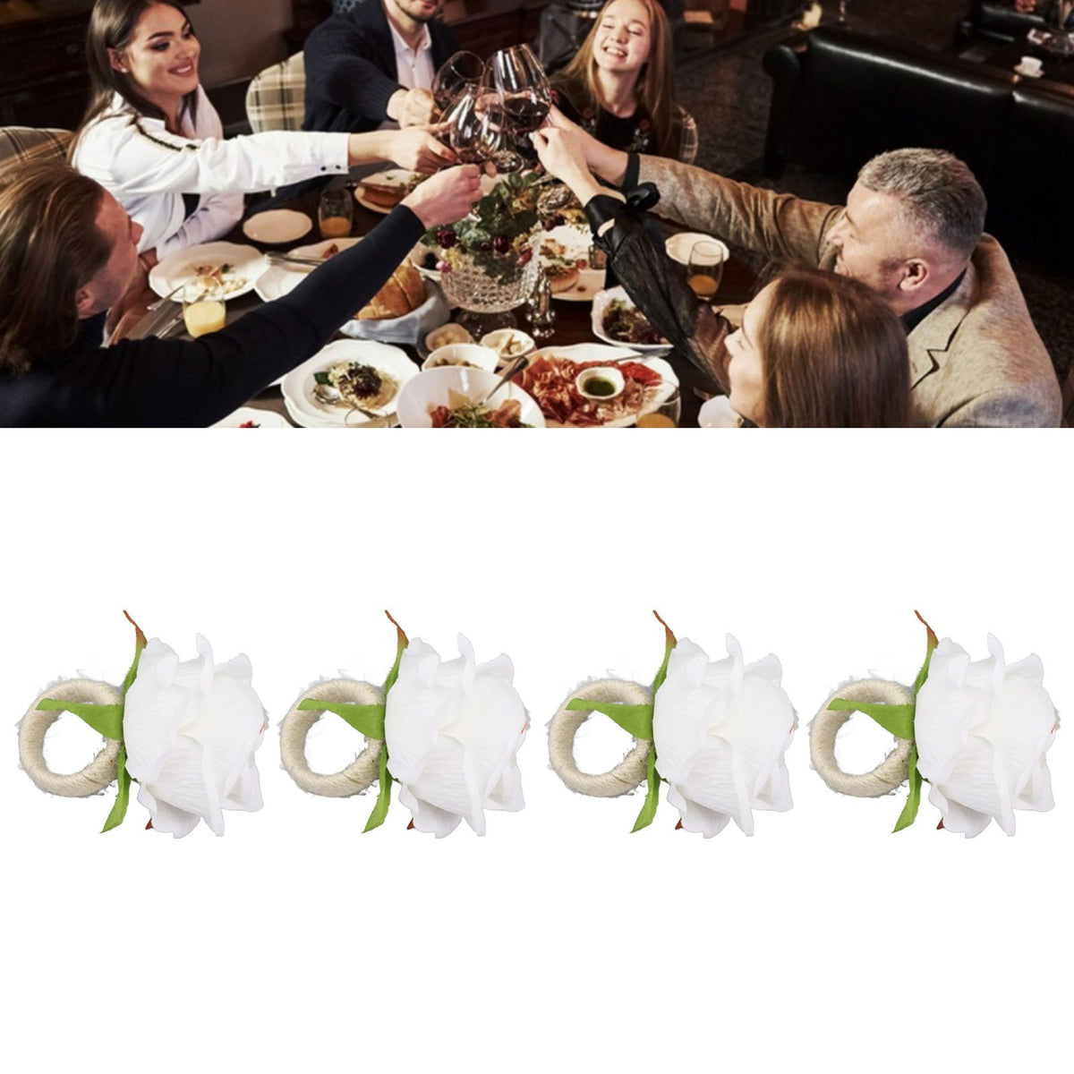 4PCS Rose Napkin Ring Simulated Plastic Reusable Vine Design Napkin Holder Ring for Restaurant White