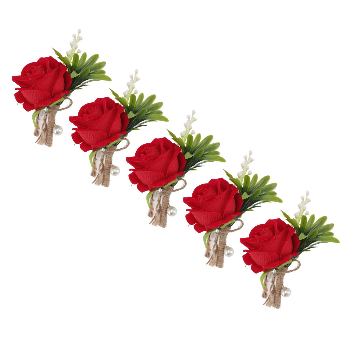 5PCS Wedding Boutonniere Pin Fixed Plastic Artificial Flower Corsage for Bride and Groom Red