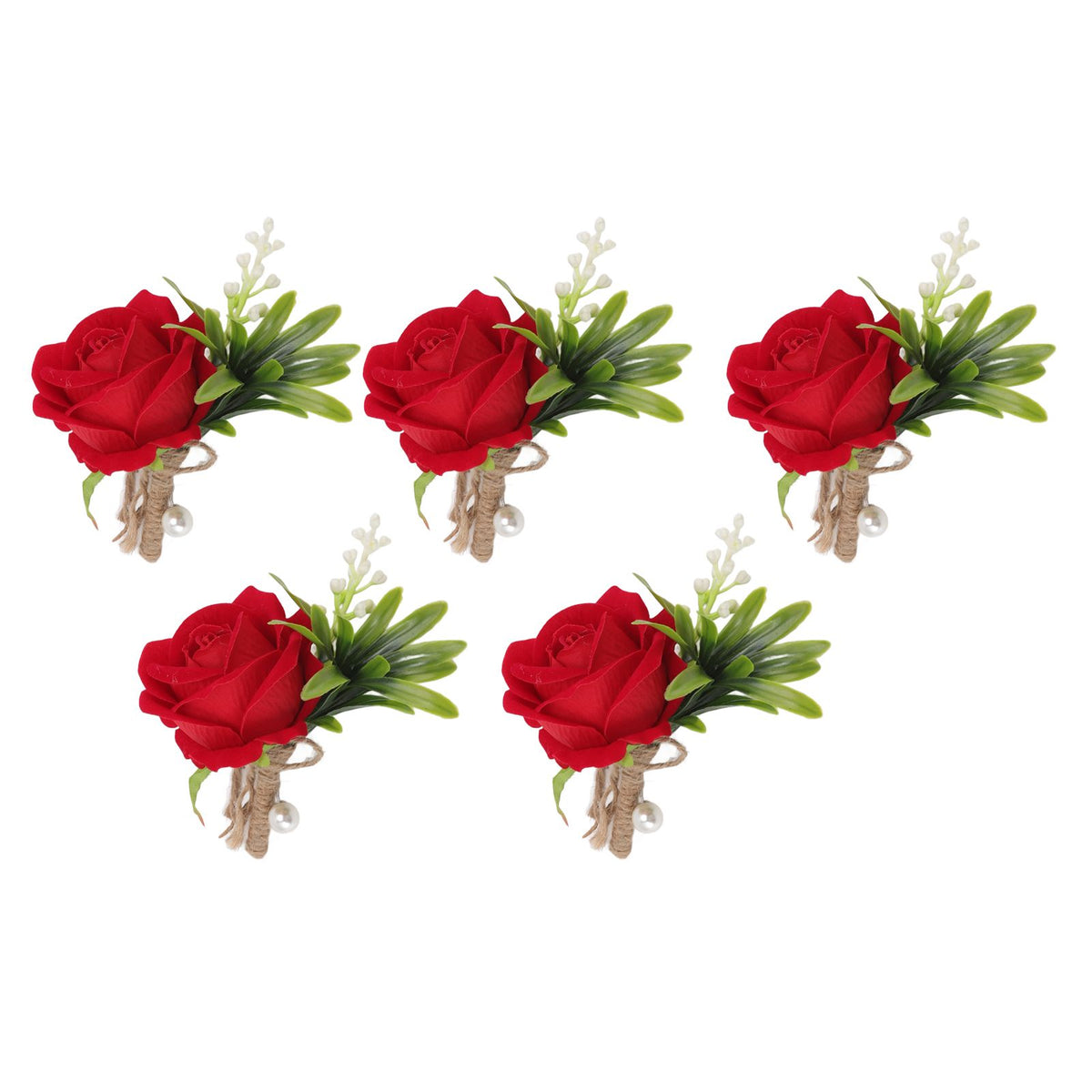 5PCS Wedding Boutonniere Pin Fixed Plastic Artificial Flower Corsage for Bride and Groom Red