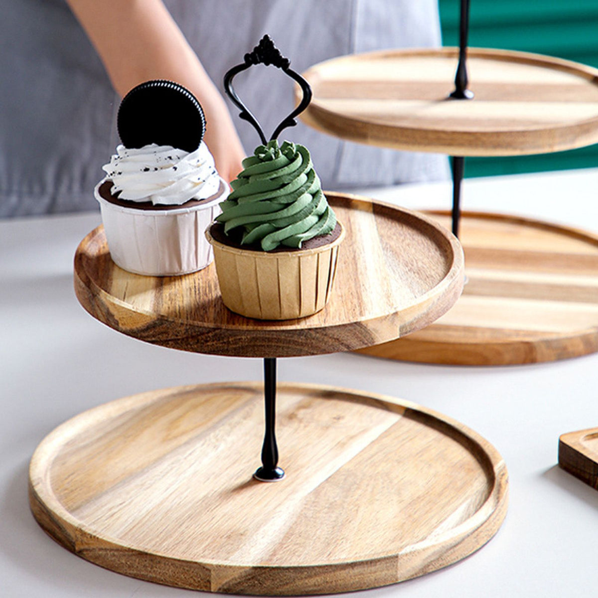 Wood Dessert Stand Rack Environmental Simple Vintage Wooden Dessert Display Tray Stand for Dessert Fruit Cake Snack Black Crown 2 Layers, Small