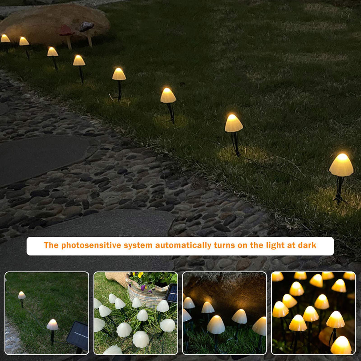 Mini Mushroom Solar Lights 8 Modes LED Waterproof String Pathway Outdoor Decoration for Garden Backyard Lawn Party 5meter 20 Beads Warm White