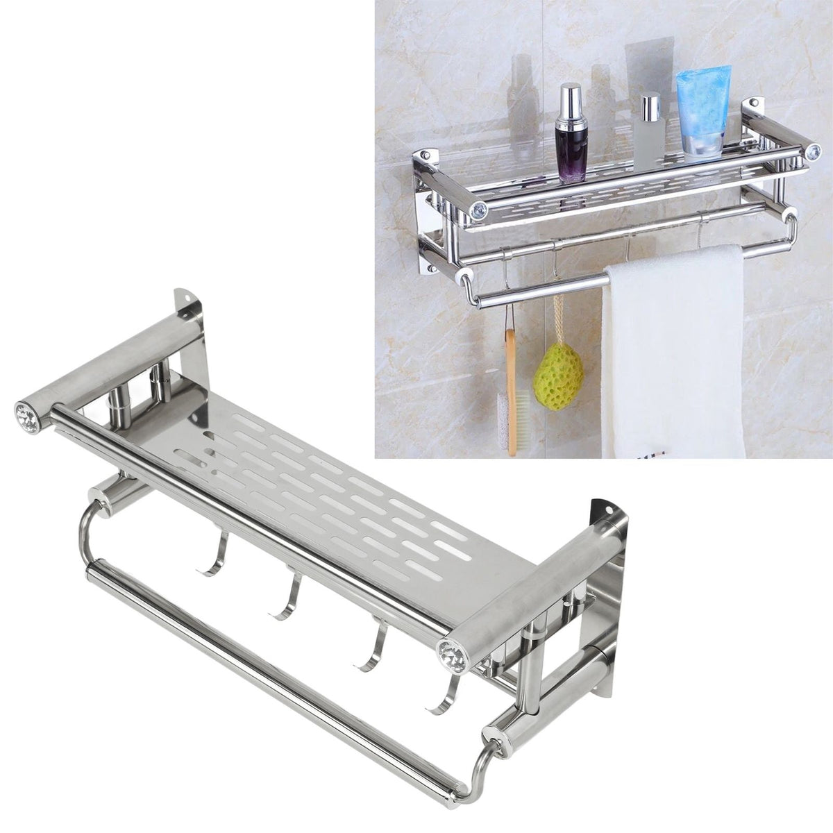 15.7in Bathroom Shelf Wall Mounted 201 Stainless Steel Waterproof Corrosion Prevention Towel Rack with Hooks for Shower