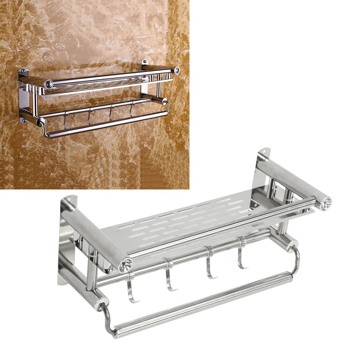 15.7in Bathroom Shelf Wall Mounted 201 Stainless Steel Waterproof Corrosion Prevention Towel Rack with Hooks for Shower