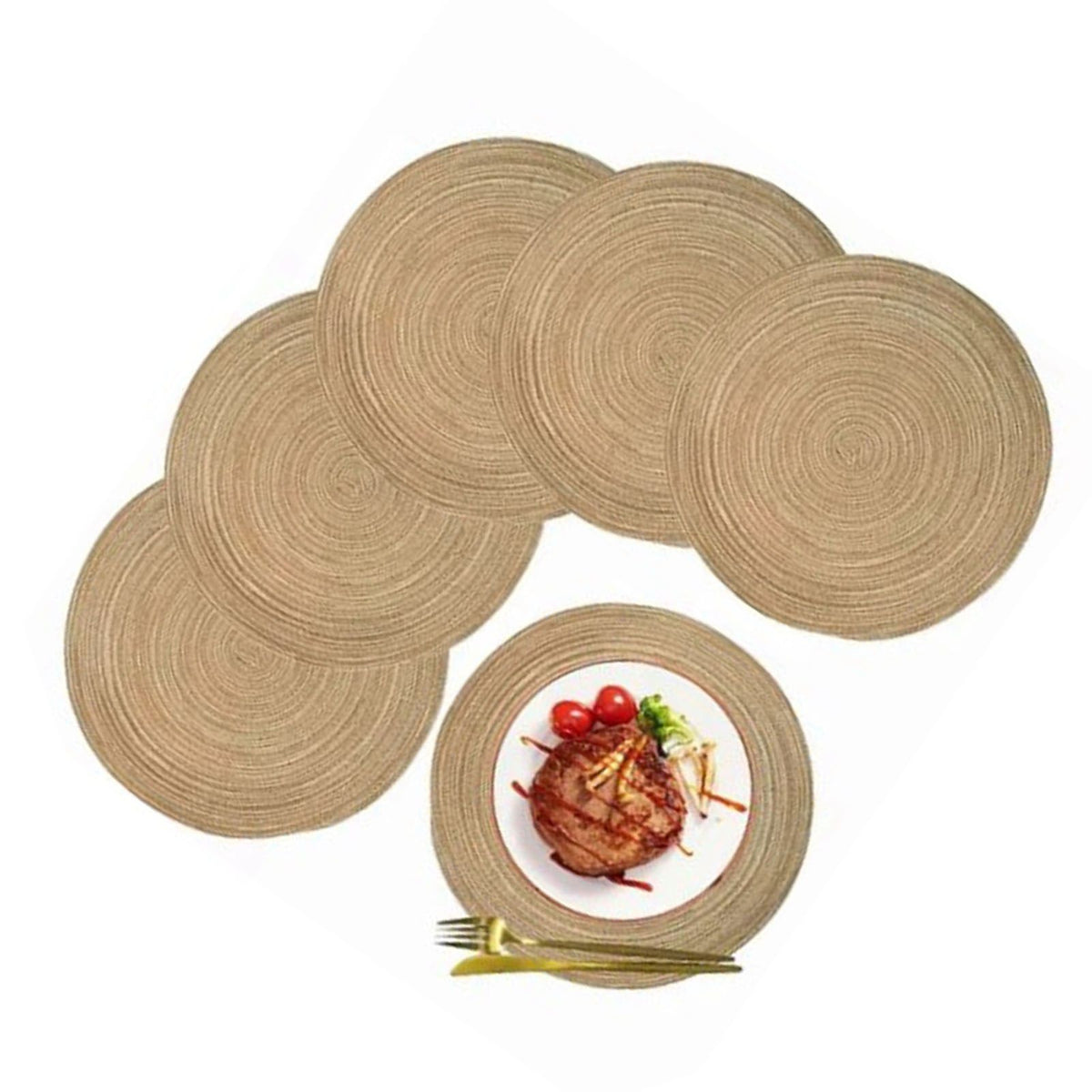 6pcs Round Placemats Slip Proof Prevent Scalding Insulation Decorative Woven Table Mats for Home Cafe Khaki 11.8in