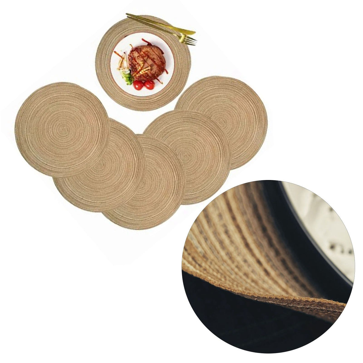 6pcs Round Placemats Slip Proof Prevent Scalding Insulation Decorative Woven Table Mats for Home Cafe Khaki 11.8in