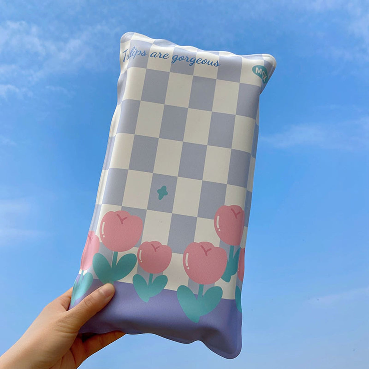 Water Filling Ice Pillow Multifunctional Summer Cartoon Cooling Cushion Mat Chair Pad for Children Blue Plaid Tulips