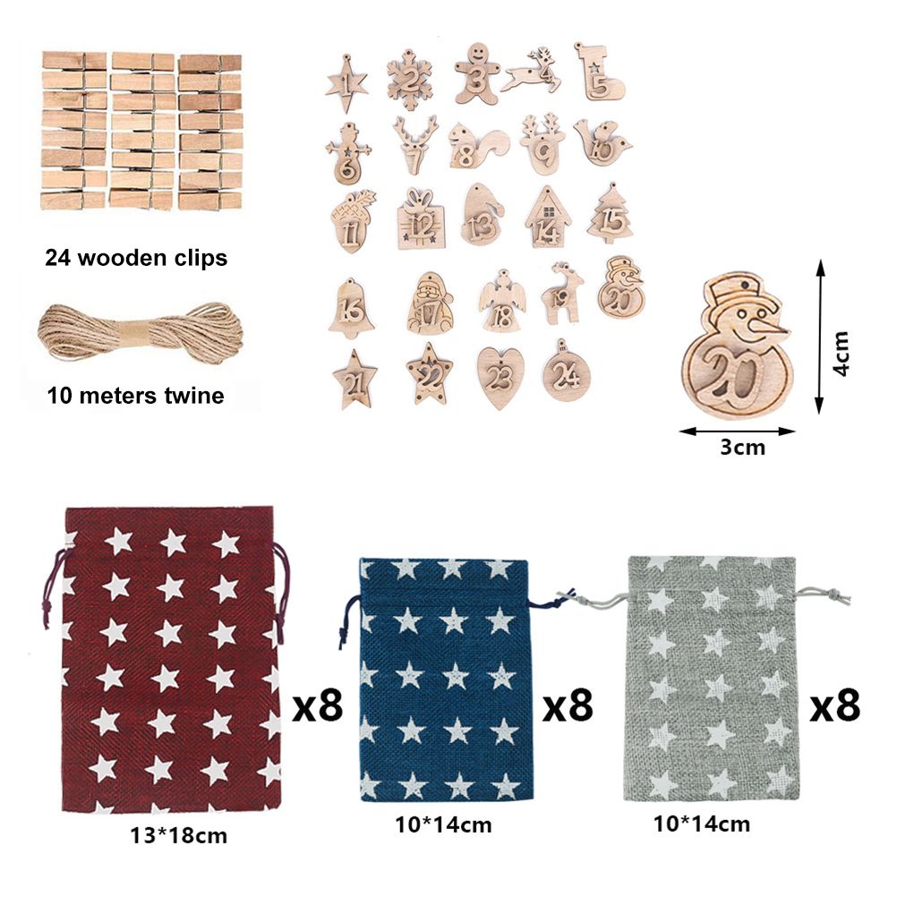 Advent Calendar Gift Bags DIY Countdown Calendar Christmas Bags with Drawstring 24 Days Hanging Gift Bags for Christmas Decorations Wood Board