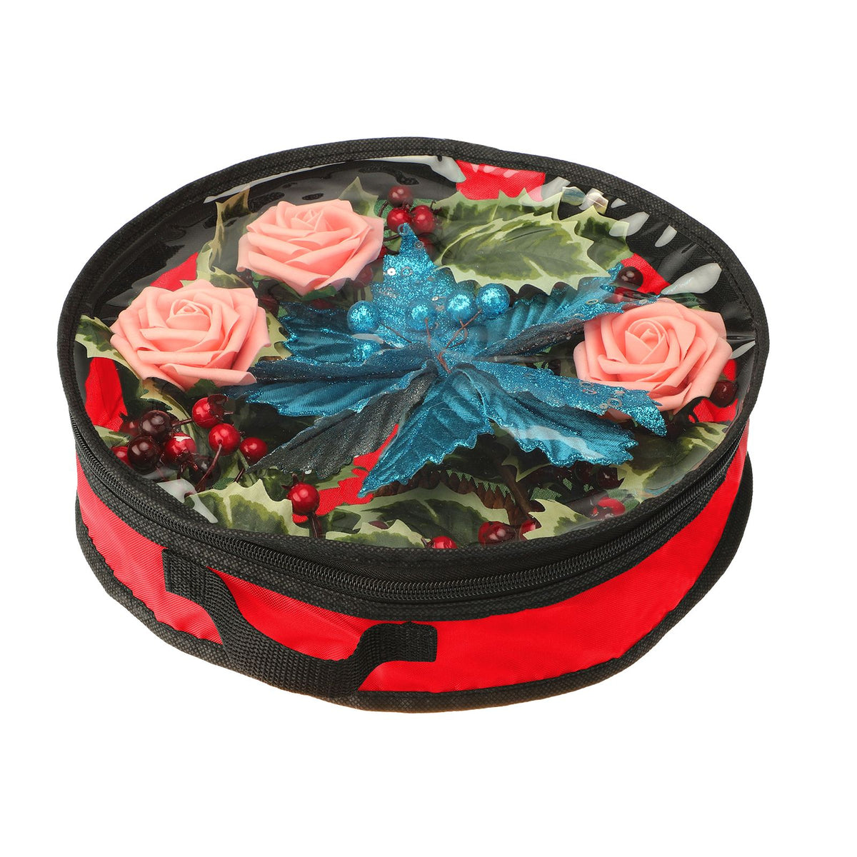 Wreath Storage Bag Christmas Holiday Decoration 420D Nylon 24in Transparent PVC Red L 21x17x4cm