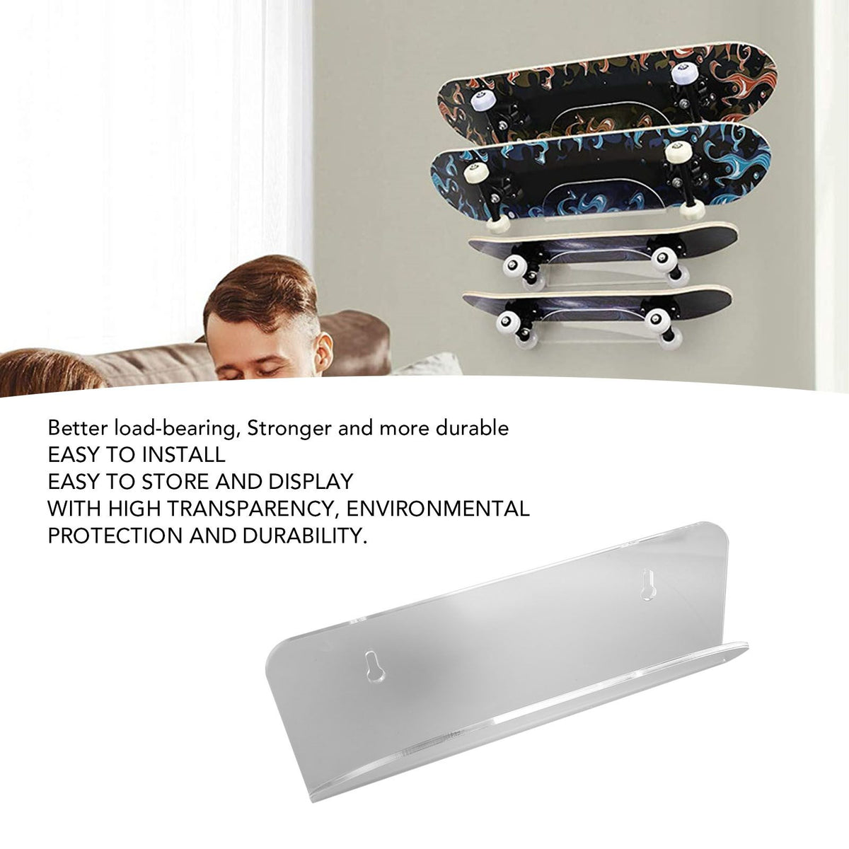 Skateboard Wall Mount Display Rack Acrylic Skateboard Hanger Wall Mount Deck Clear Display Storage Longboard Wall Rack