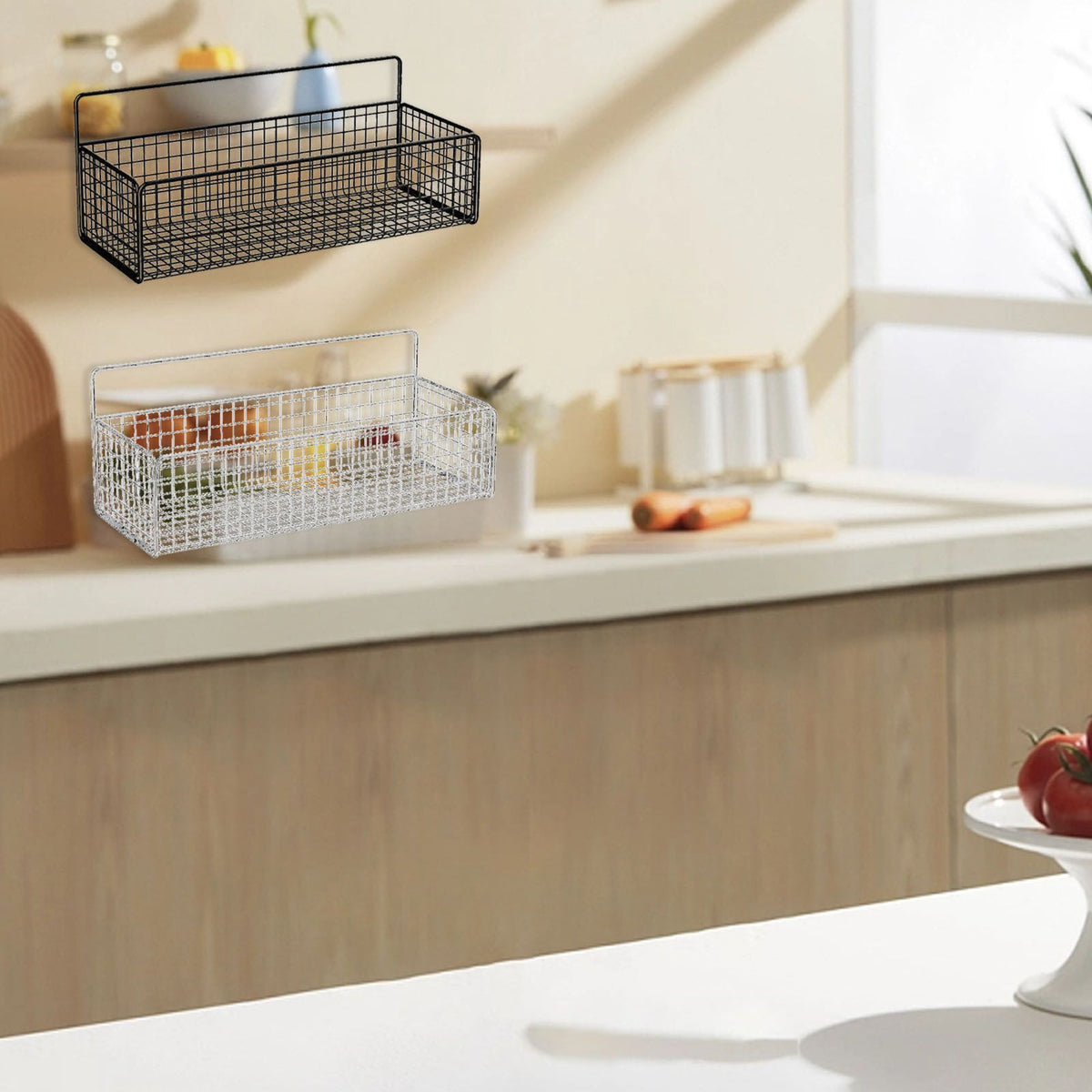 Kitchen Hanging Storage Rack Wall Mounted Storage Basket Punch Free Hanging Wall Organizer Baskets for Dormitory Bedroom White