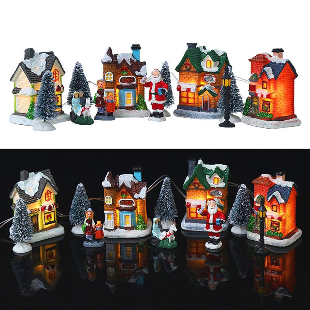Christmas Village Set Resin Christmas Scene Village LED Lighted Miniature Houses Town Christmas Village Houses Gift