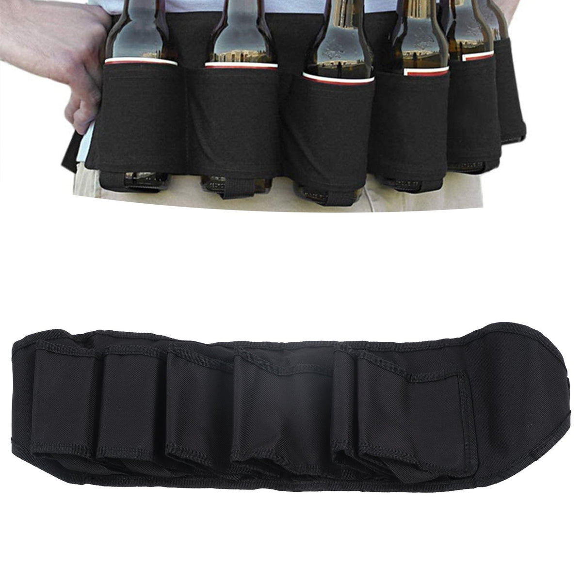 Beer Belt 6 Pockets 600D Oxford Cloth Adjustable Beverage Waist Strap for Camping Fishing