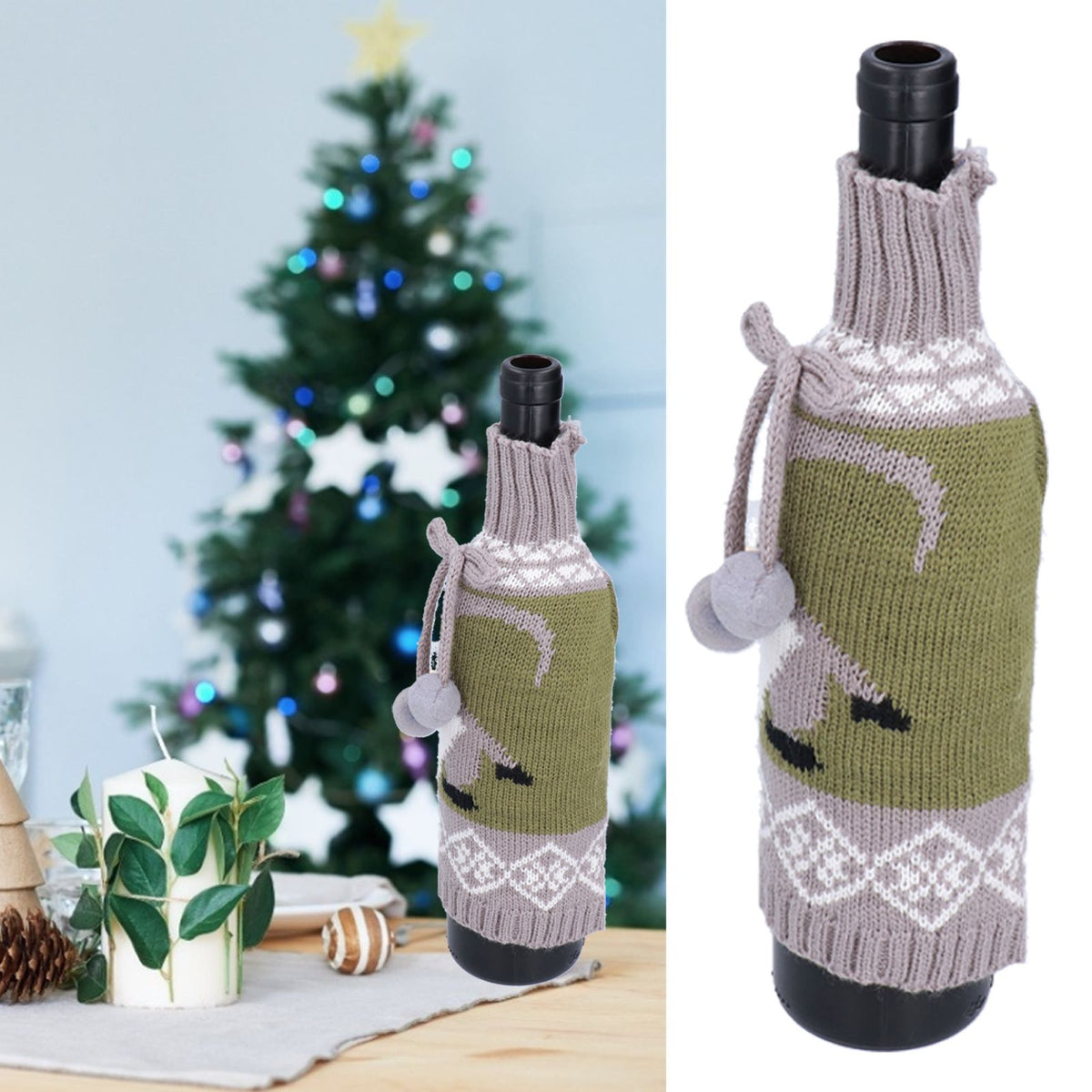 Knitted Wine Bottle Cover Bag Sleeve Home Decoration for Christmas Wedding Birthday PartyGray +Green