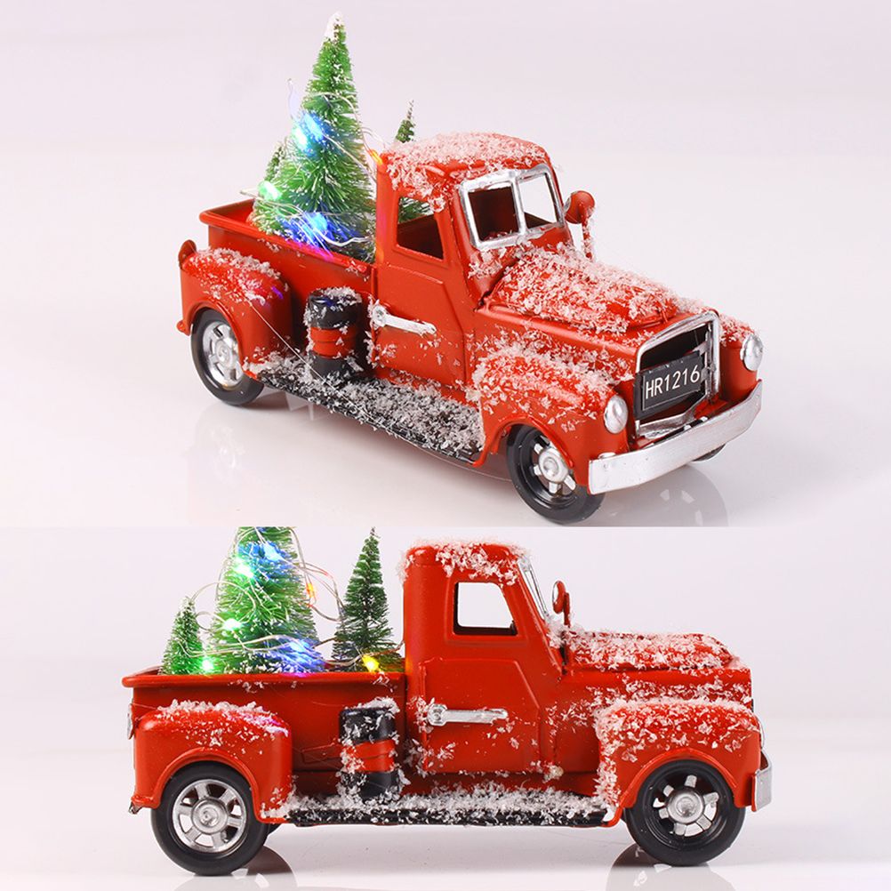 Christmas Vintage Red Truck Metal Truck Car with Christmas Trees Ornaments for Home Fireplace Desktop Decorations Holiday Xmas Supplies