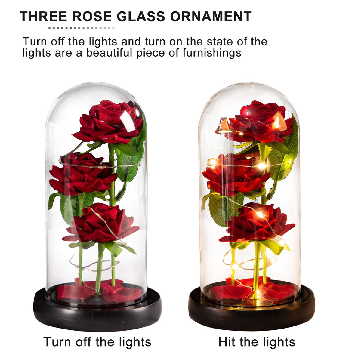 Glass Dome Rose Ornament LED Strip Light Blessing Romantic Glass Cover Artificial Flowers for Girlfriend