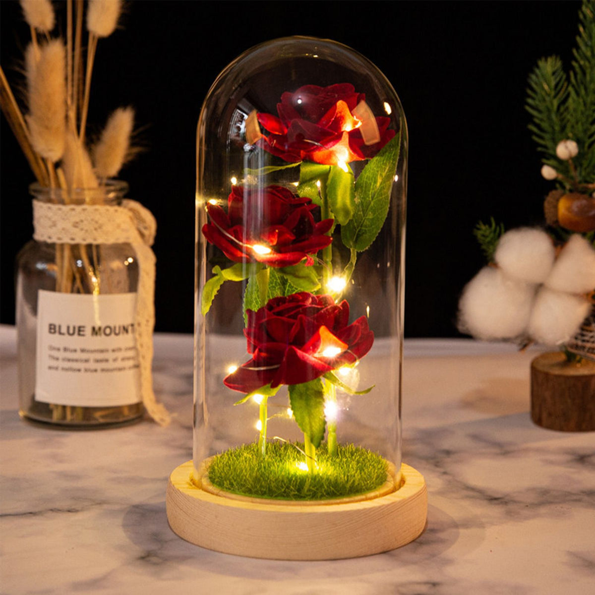 Glass Dome Rose Ornament LED Strip Light Blessing Romantic Glass Cover Artificial Flowers for Girlfriend