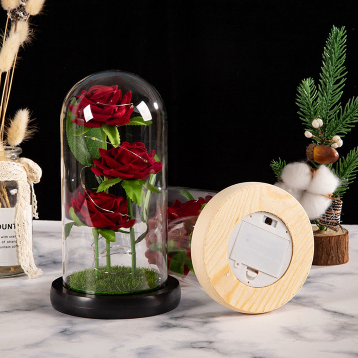 Glass Dome Rose Ornament LED Strip Light Blessing Romantic Glass Cover Artificial Flowers for Girlfriend