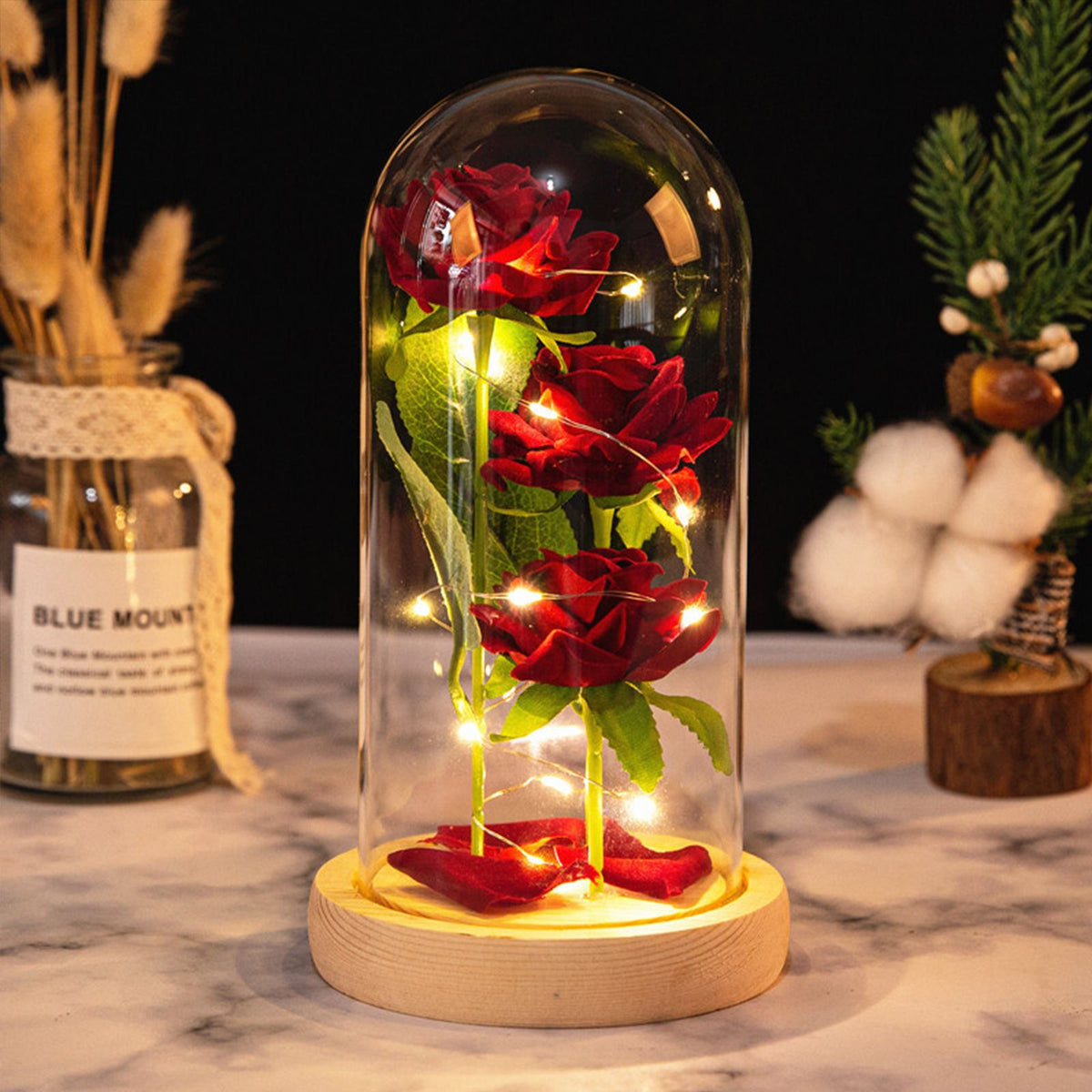 Glass Dome Rose Ornament LED Strip Light Blessing Romantic Glass Cover Artificial Flowers for Girlfriend